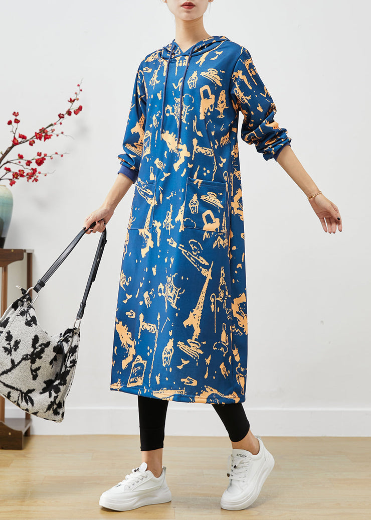 Elegant Blue Hooded Print Cotton Sweatshirts Dress Fall