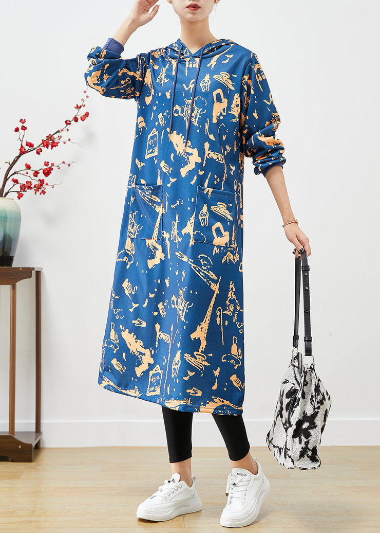 Elegant Blue Hooded Print Cotton Sweatshirts Dress Fall