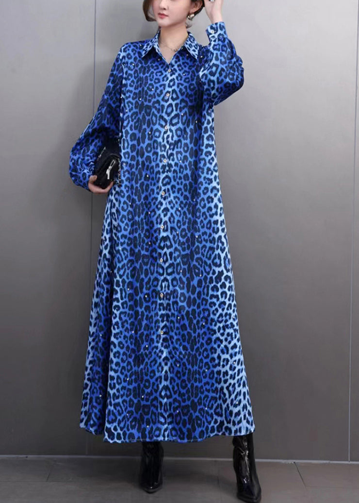 Elegant Blue Leopard Peter Pan Collar Maxi Shirts Dress Spring