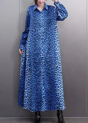 Elegant Blue Leopard Peter Pan Collar Maxi Shirts Dress Spring