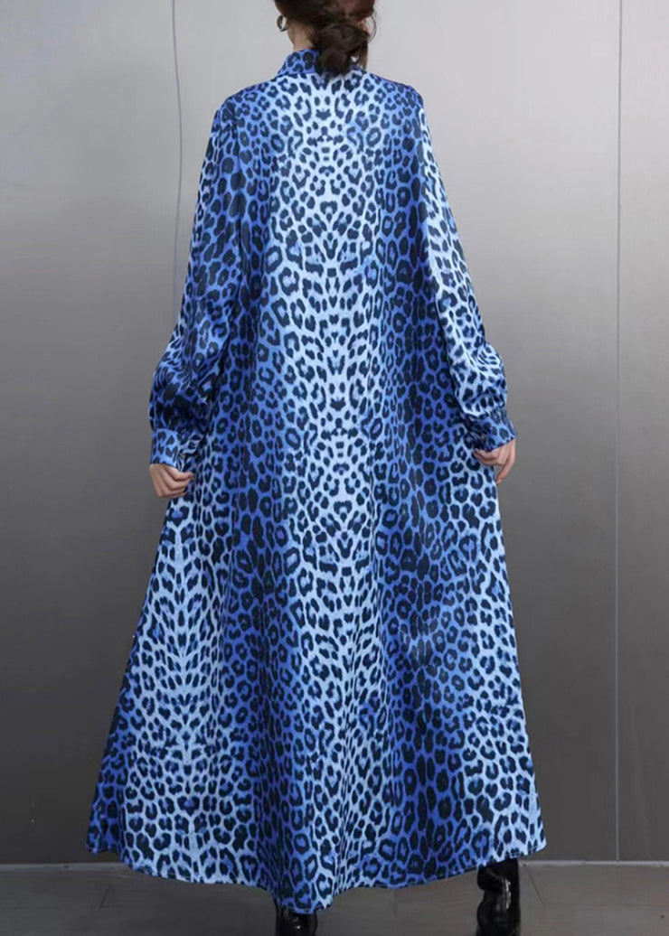 Elegant Blue Leopard Peter Pan Collar Maxi Shirts Dress Spring