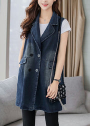 Elegant Blue Notched Patchwork Button Denim Waistcoat Fall