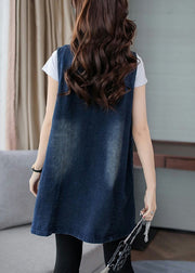 Elegant Blue Notched Patchwork Button Denim Waistcoat Fall