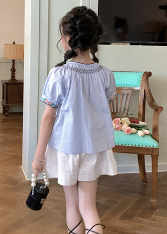 Elegant Blue O-Neck Cinched Girls Top And Shorts Two Pieces Set Short Sleeve