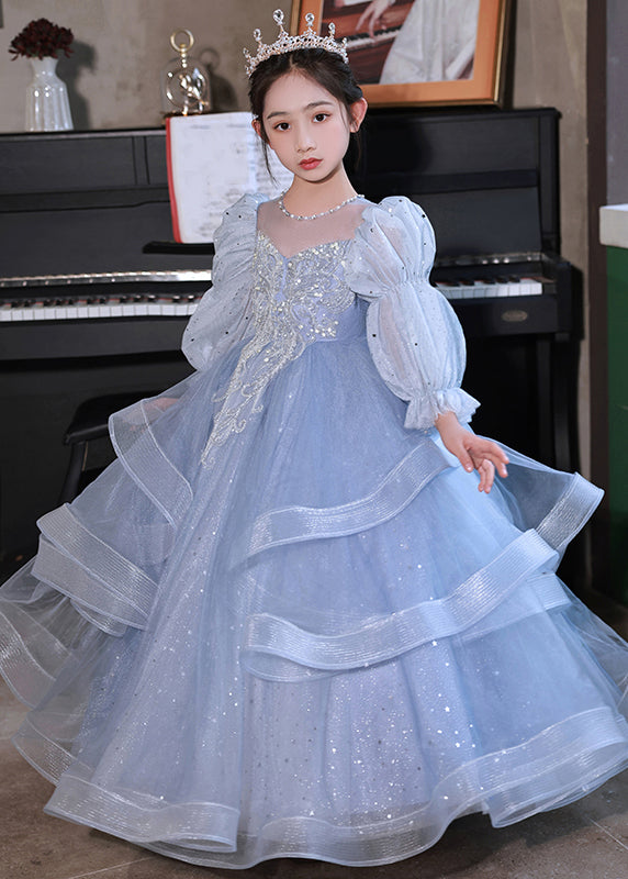 Elegant Blue O-Neck Embroideried Patchwork Tulle Kids Long Dress Spring