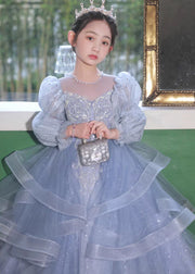 Elegant Blue O-Neck Embroideried Patchwork Tulle Kids Long Dress Spring