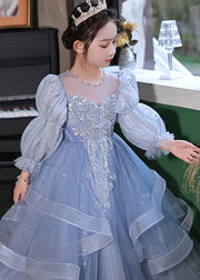 Elegant Blue O-Neck Embroideried Patchwork Tulle Kids Long Dress Spring