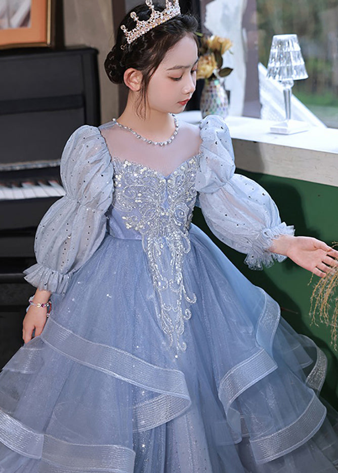 Elegant Blue O-Neck Embroideried Patchwork Tulle Kids Long Dress Spring