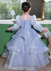 Elegant Blue O-Neck Embroideried Patchwork Tulle Kids Long Dress Spring