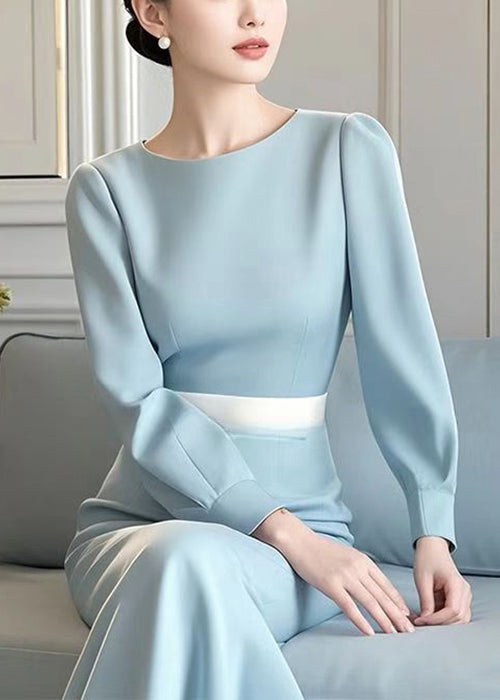 Elegant Blue O Neck High Waist Cotton Long Dress Spring