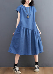 Elegant Blue O-Neck Patchwork Silk Denim Maxi Dress Summer