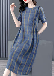 Elegant Blue O-Neck Plaid Wrinkled Pockets Cotton Cinch Dress Short Sleeve