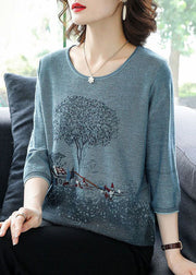 Elegant Blue O-Neck Print Knit Sweater Tops Bracelet Sleeve