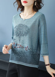 Elegant Blue O-Neck Print Knit Sweater Tops Bracelet Sleeve