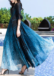 Elegant Blue O-Neck Print Party Chiffon Long Dress Half Sleeve