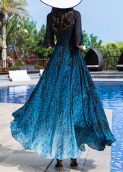 Elegant Blue O-Neck Print Party Chiffon Long Dress Half Sleeve