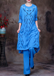 Elegant Blue O-Neck Solid Hollow Out Knit Three Pieces Set Long Sleeve