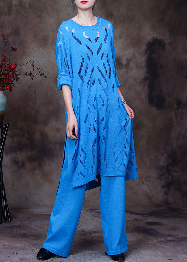 Elegant Blue O-Neck Solid Hollow Out Knit Three Pieces Set Long Sleeve