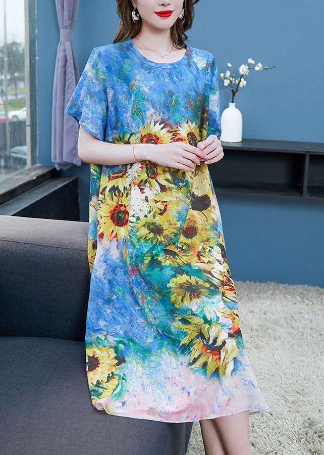 Elegant Blue O Neck The Sunflowers Patchwork Chiffon Dresses Summer