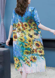 Elegant Blue O Neck The Sunflowers Patchwork Chiffon Dresses Summer