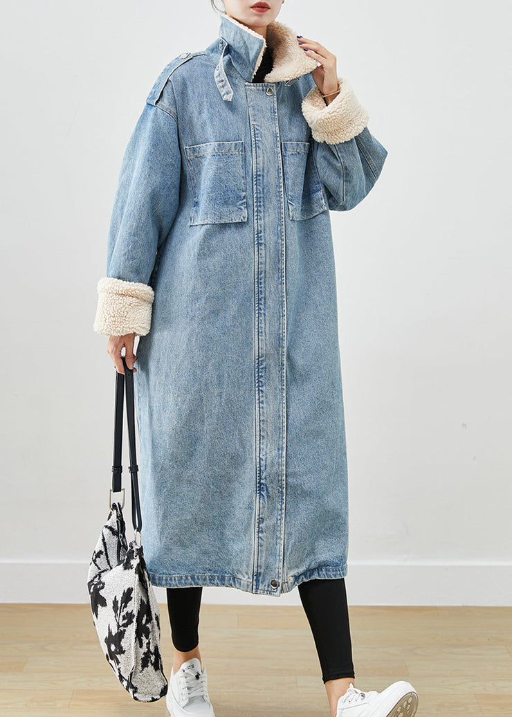 Elegant Blue Oversized Pockets Fleece Wool Lined Denim Trench Fall