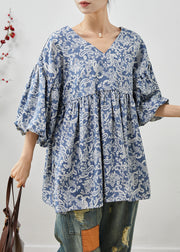 Elegant Blue Oversized Print Cotton Shirts Summer