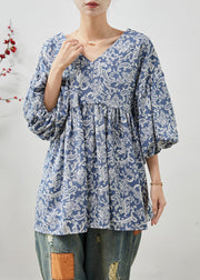 Elegant Blue Oversized Print Cotton Shirts Summer