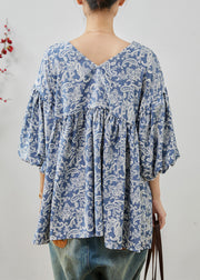 Elegant Blue Oversized Print Cotton Shirts Summer