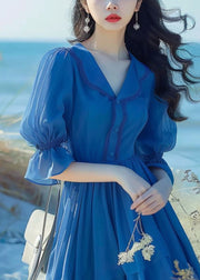 Elegant Blue Peter Pan Collar Button Chiffon Dress Flare Sleeve