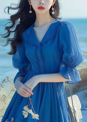 Elegant Blue Peter Pan Collar Button Chiffon Dress Flare Sleeve