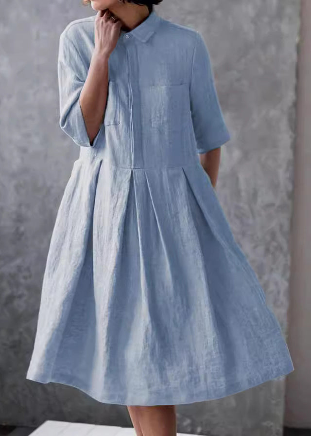 Elegant Blue Peter Pan Collar Button Cotton Shirts Dress Summer