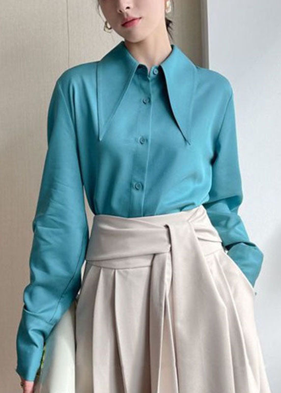 Elegant Blue Peter Pan Collar Button Draping Shirt Long Sleeve