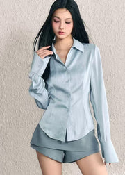 Elegant Blue Peter Pan Collar Button Silk Shirt Fall