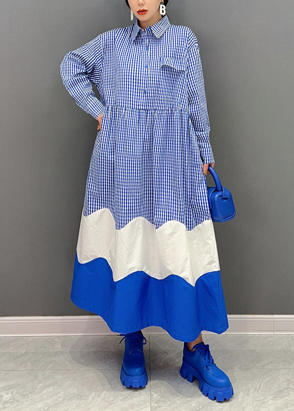 Elegant Blue Peter Pan Collar Patchwork Plaid Cotton Shirt Dresses Spring