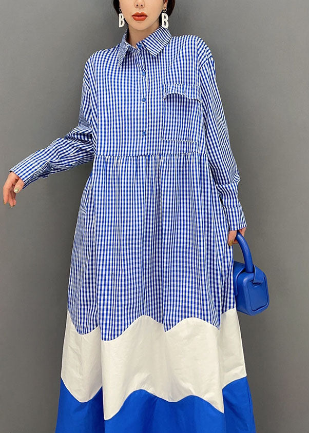 Elegant Blue Peter Pan Collar Patchwork Plaid Cotton Shirt Dresses Spring