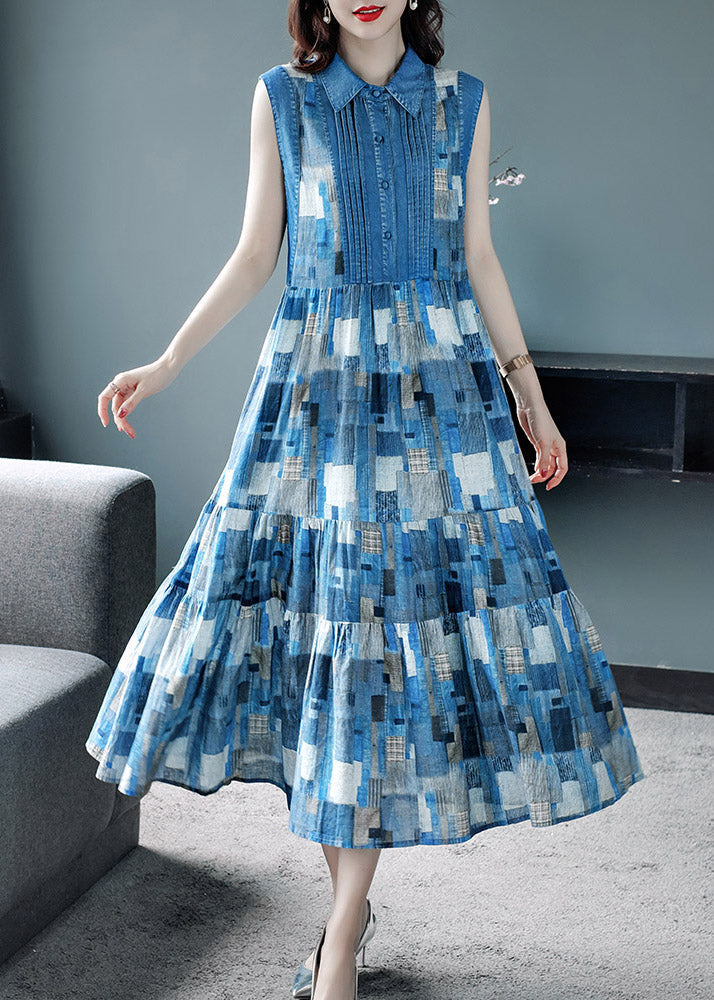 Elegant Blue Peter Pan Collar Plaid Wrinkled Maxi Dresses Summer