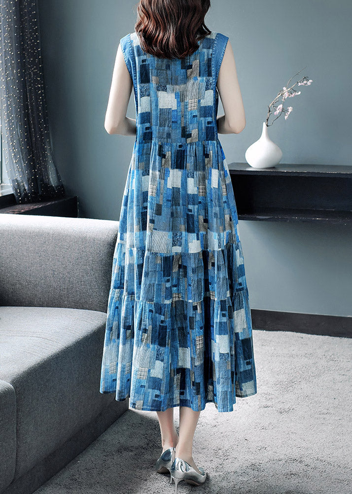 Elegant Blue Peter Pan Collar Plaid Wrinkled Maxi Dresses Summer