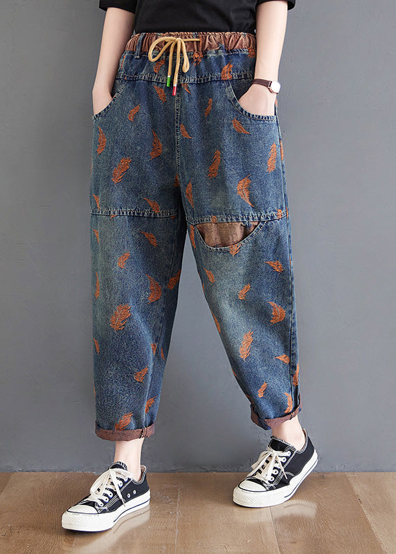 Elegant Blue Pockets Print Elastic Waist Harem Pants Summer