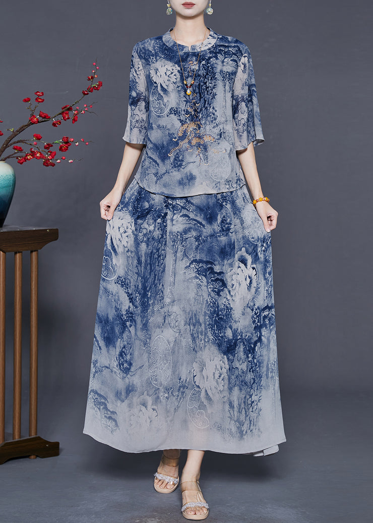 Elegant Blue Print Chiffon Two Piece Set Outfits Summer