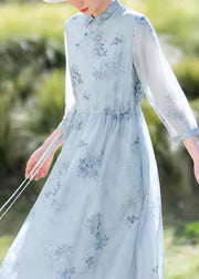 Elegant Blue Print Drawstring Chiffon Long Dress Summer