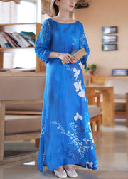 Elegant Blue Print Side Open Linen Dresses Bracelet Sleeve