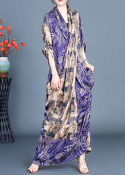 Elegant Blue Print Side Open Tie Waist Silk Long Dress Spring