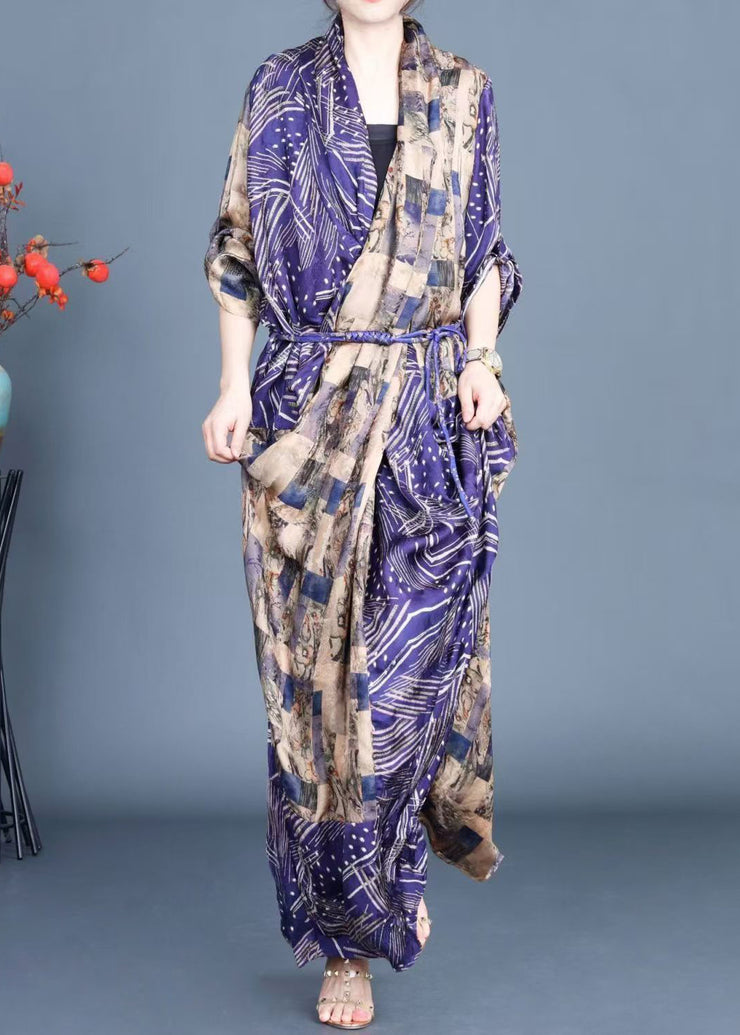 Elegant Blue Print Side Open Tie Waist Silk Long Dress Spring