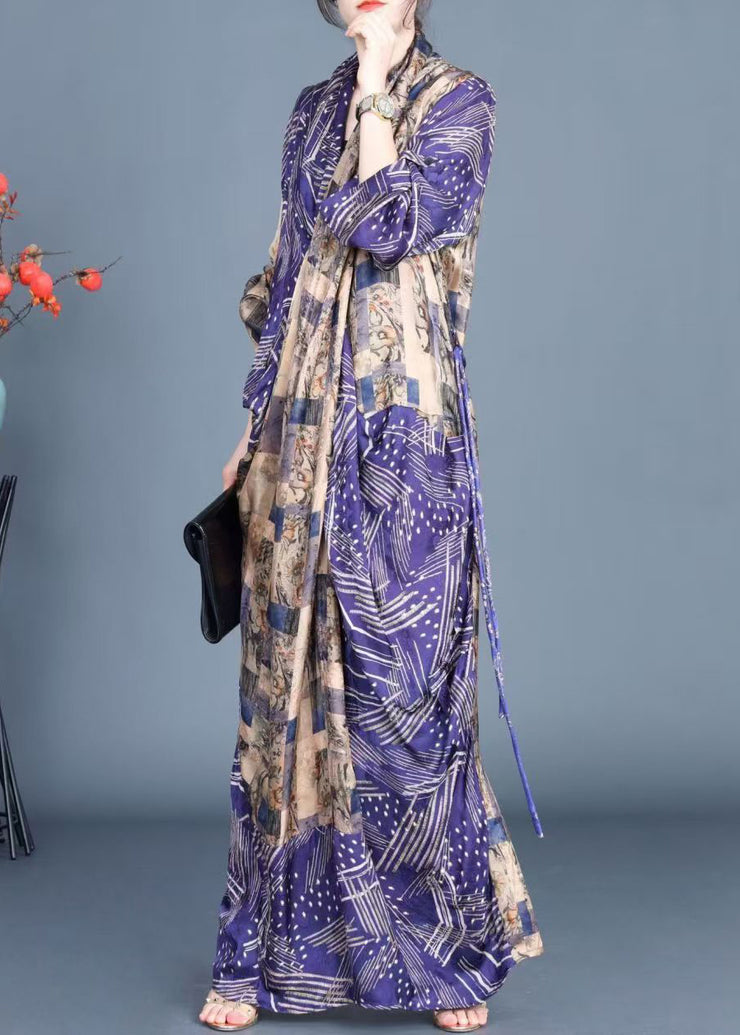 Elegant Blue Print Side Open Tie Waist Silk Long Dress Spring