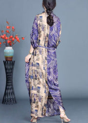 Elegant Blue Print Side Open Tie Waist Silk Long Dress Fall