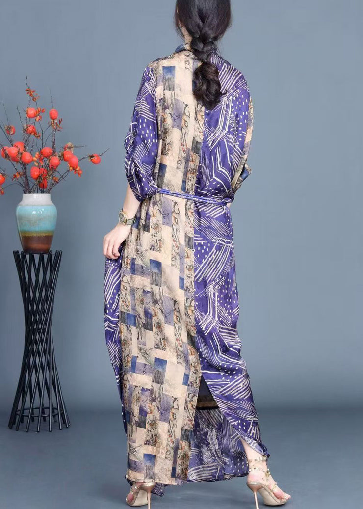 Elegant Blue Print Side Open Tie Waist Silk Long Dress Spring