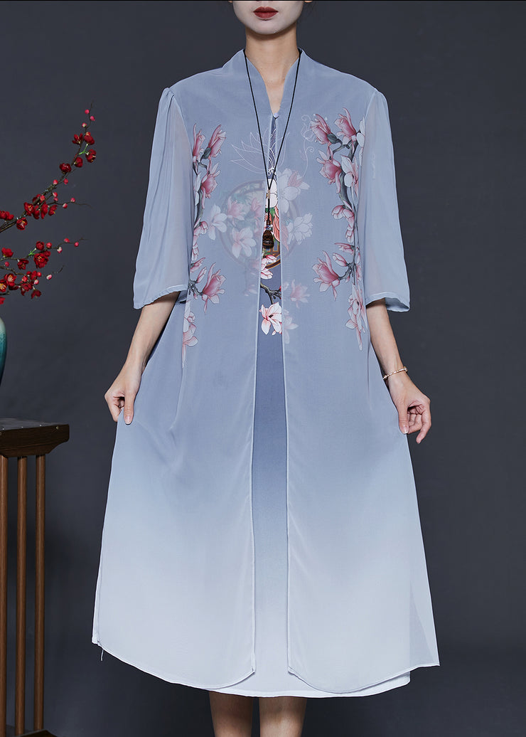 Elegant Blue Print Silk Fake Two Piece Dress Summer