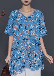 Elegant Blue Print Silm Fit Chiffon Shirt Summer