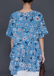 Elegant Blue Print Silm Fit Chiffon Shirt Summer