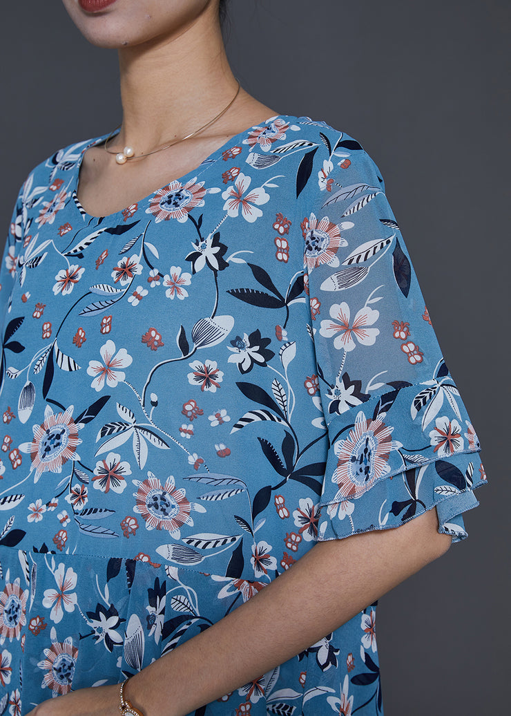 Elegant Blue Print Silm Fit Chiffon Shirt Summer